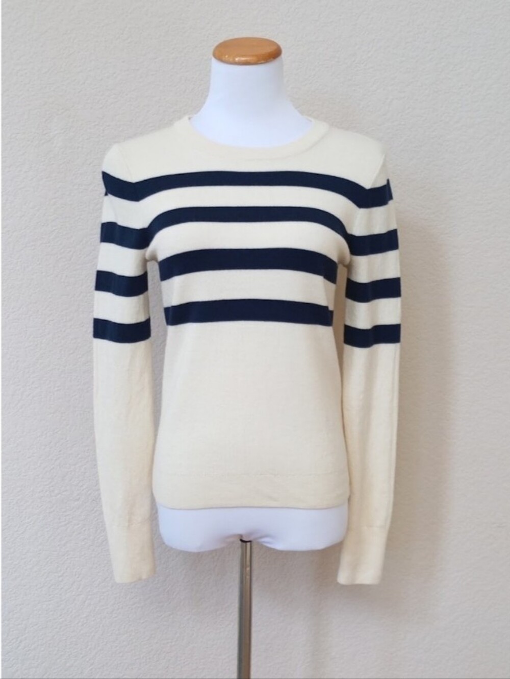 J. Crew cream and navy blue striped 100% merino wool crewneck sweater